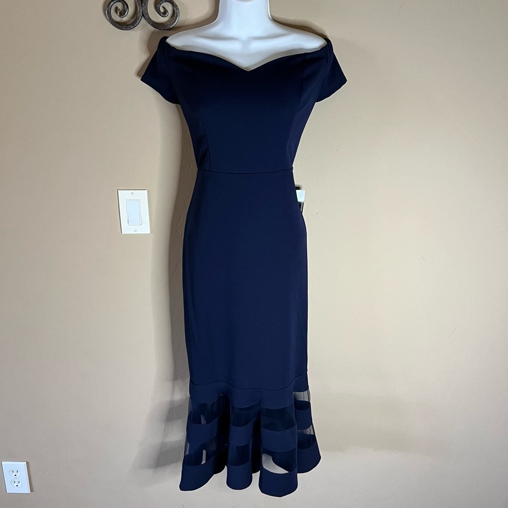 New Rebecca B. Navy Off Shoulder Sweetheart Neckline Mermaid hem Midi Dress 8